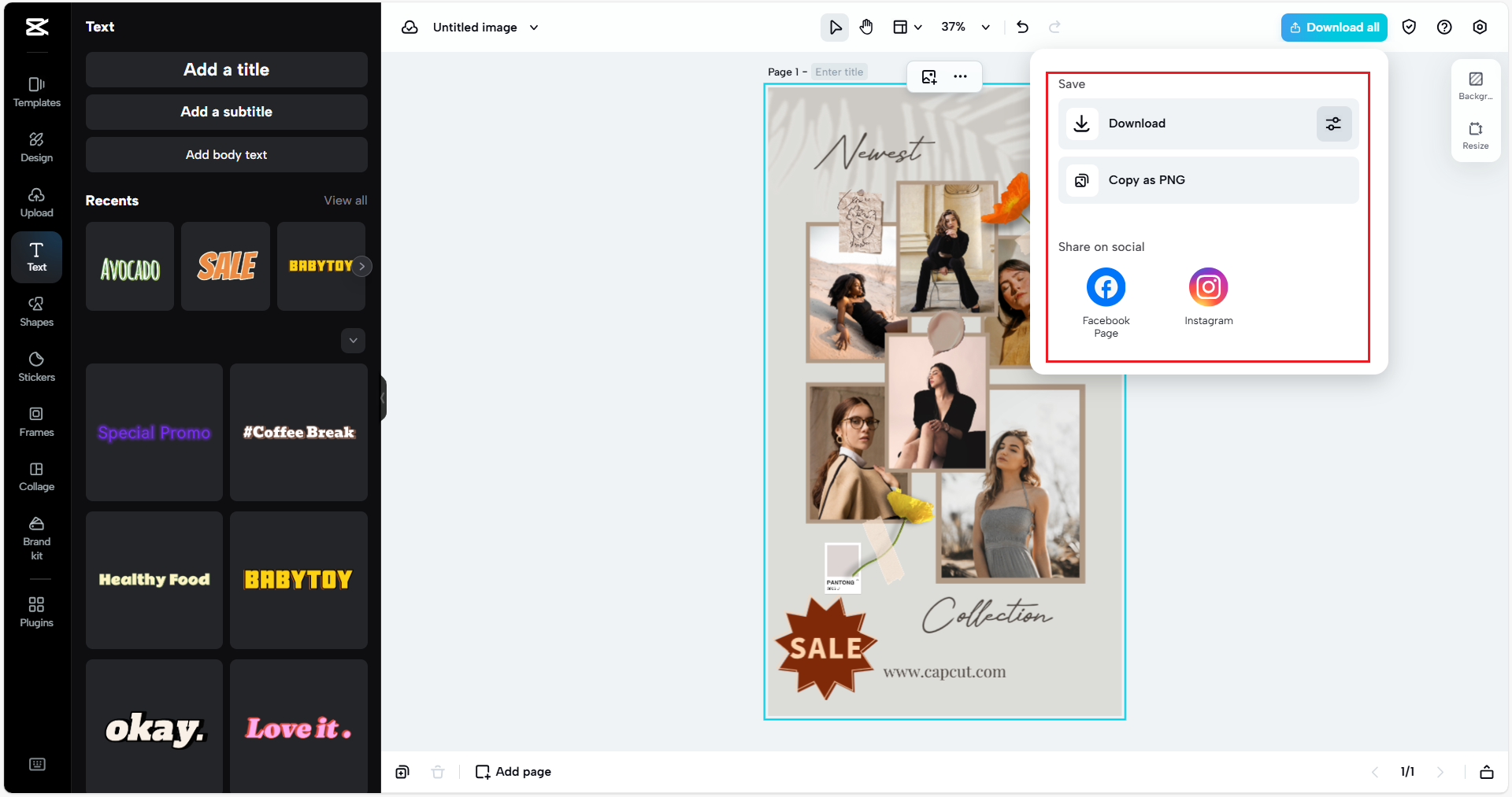 Értékesítési poszter exportálása a CapCut Web segítségével