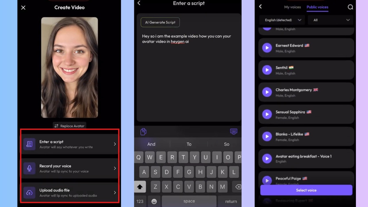 Add script and choose voice