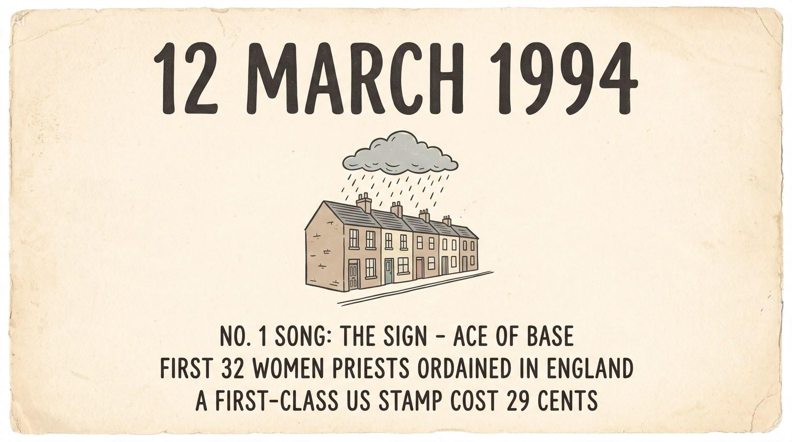 A retro poster on aged cream paper reading 12 MARCH 1994 above a hand-drawn terraced street under a rain cloud, with three lines of text along the bottom.