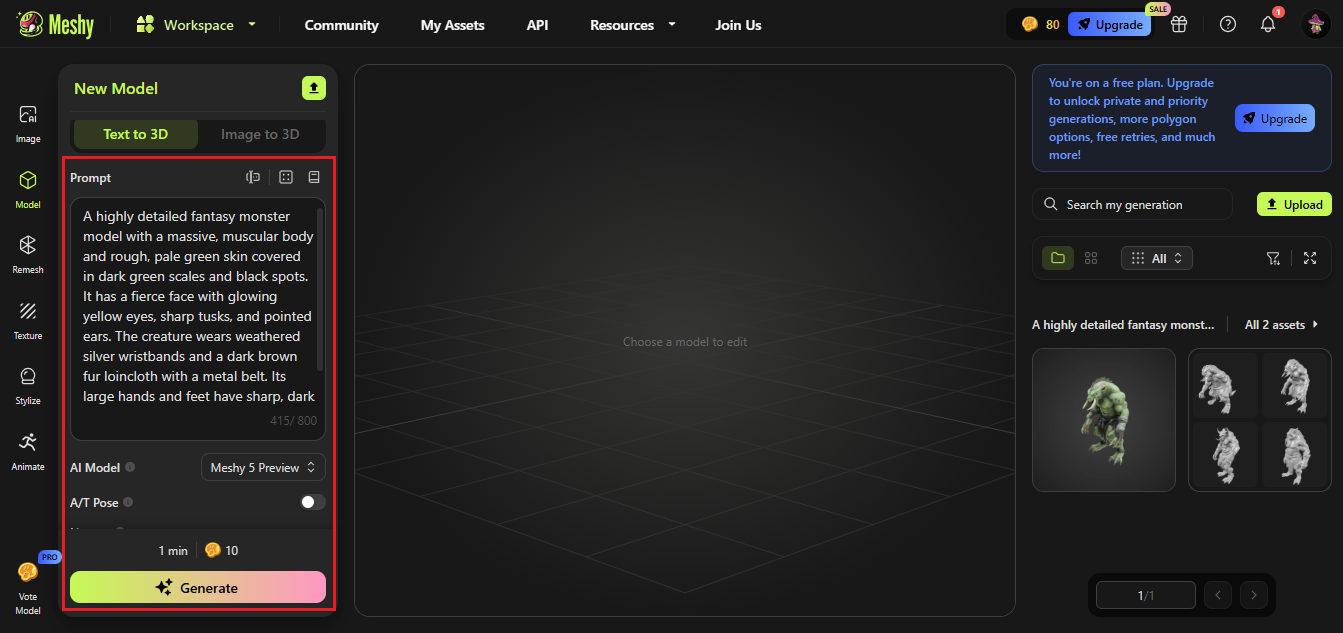 Meshy AI kostenloses Text-zu-3D-Tool
