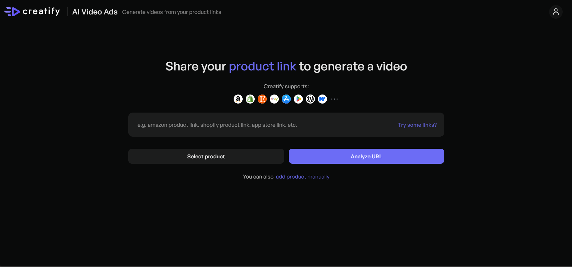 Creatify'ye erişin ve ürün bağlantısını yükleyin.