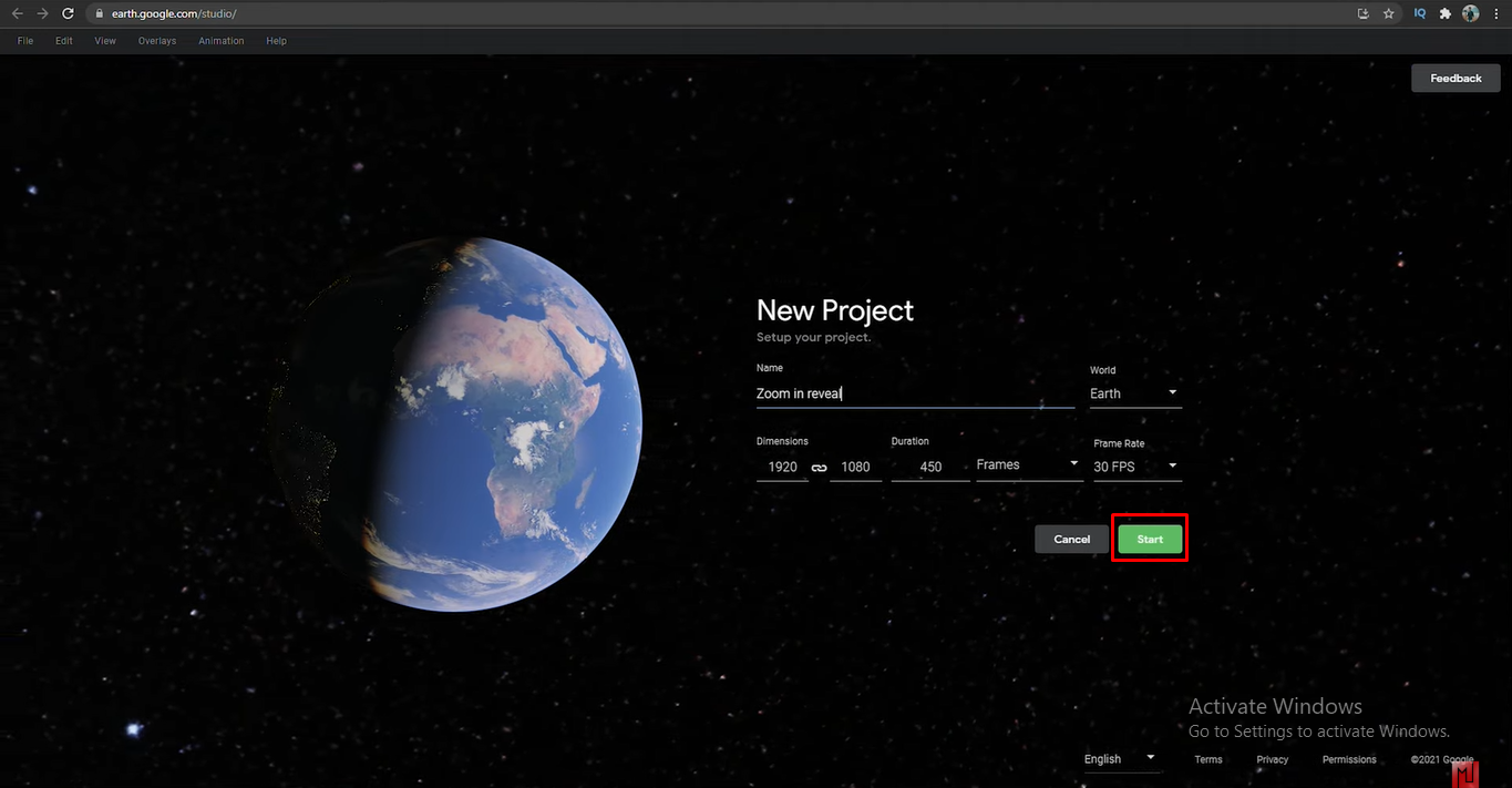 Comenzando un nuevo proyecto para hacer un video de Zoom de Google Maps