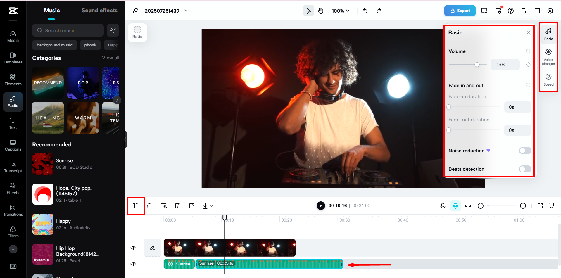 Cięcie pliku dźwiękowego w CapCut Web