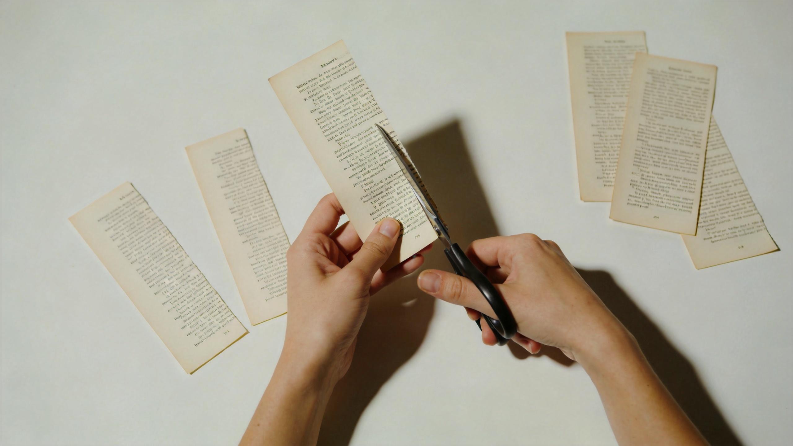 Hands cutting a book page into strips on a white surface