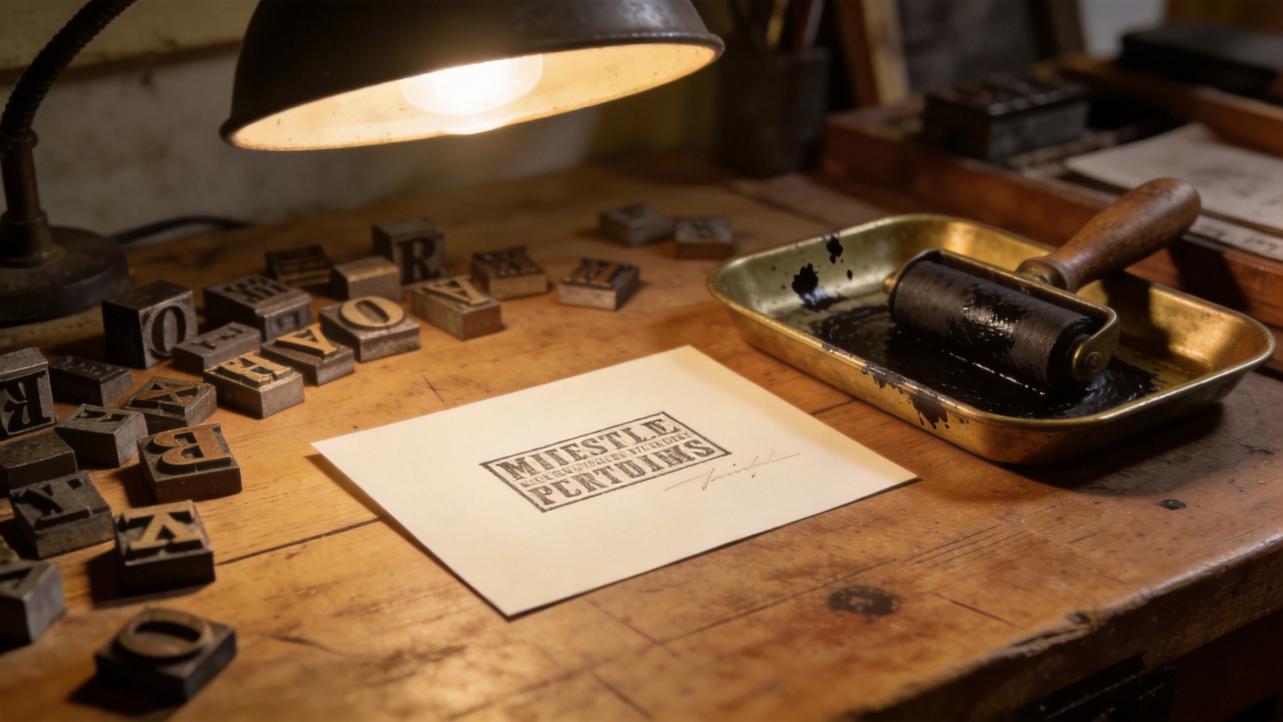 Letterpress stamp set and ink roller on a wooden worktable beside a printed card