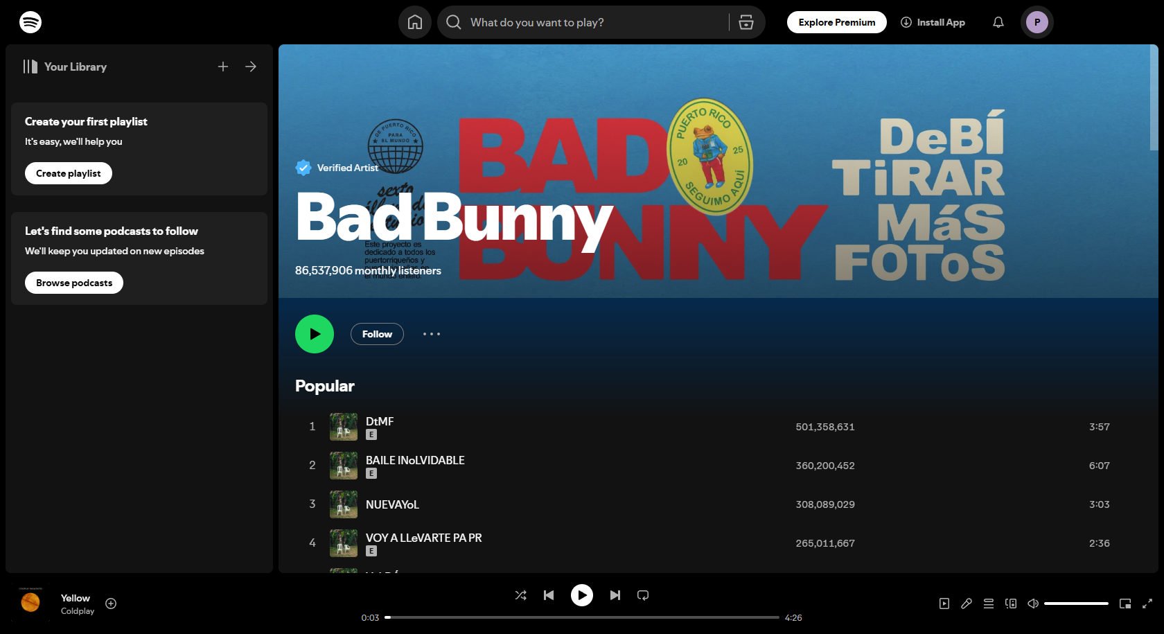 Interface Spotify de Bad Bunny