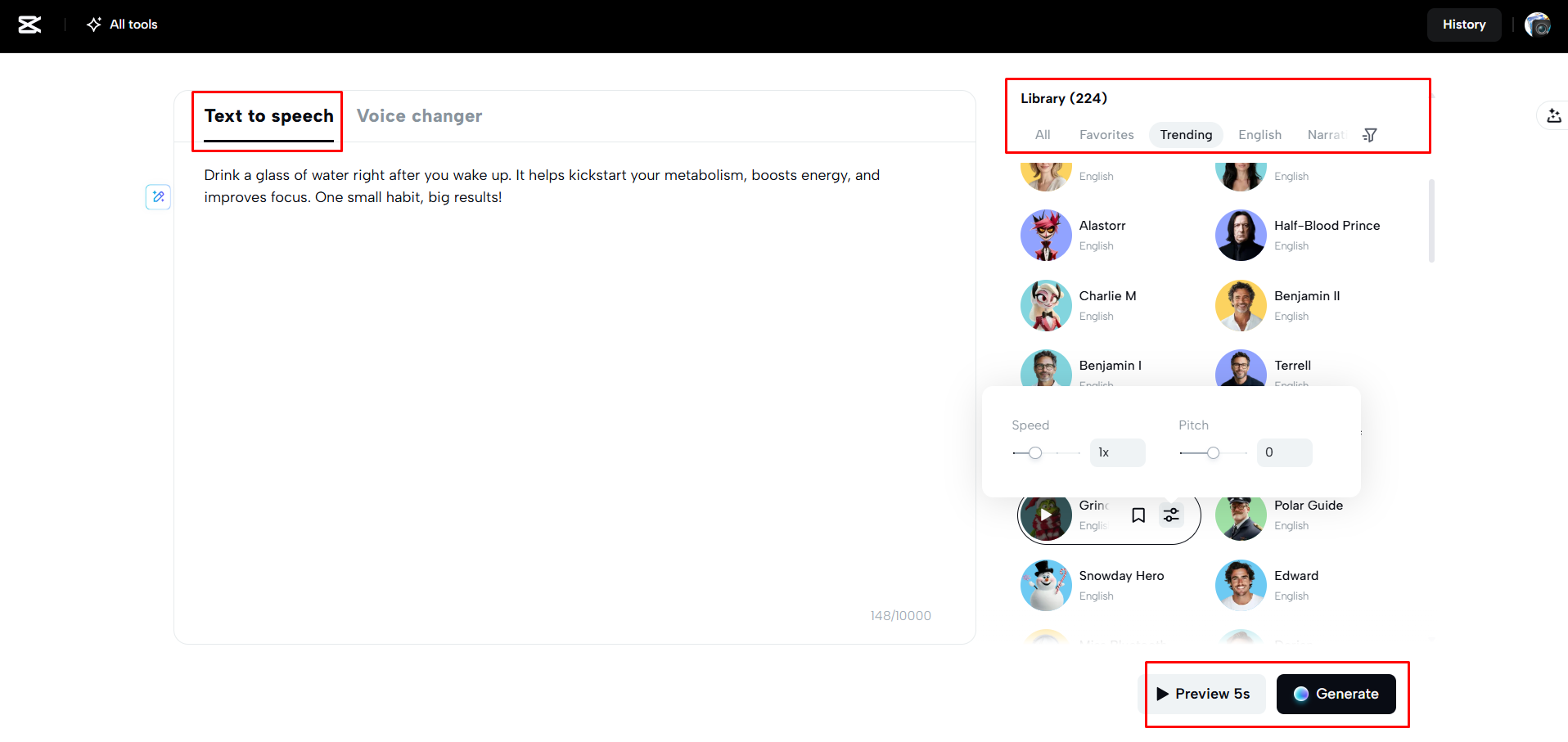 Converting text to speech in CapCut Web