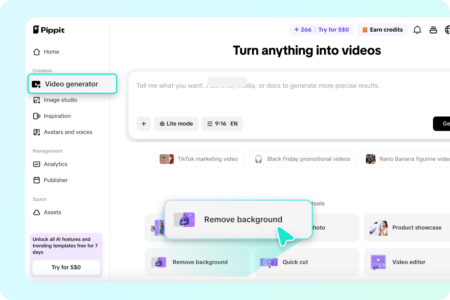 Opening Remove background tool in Pippit