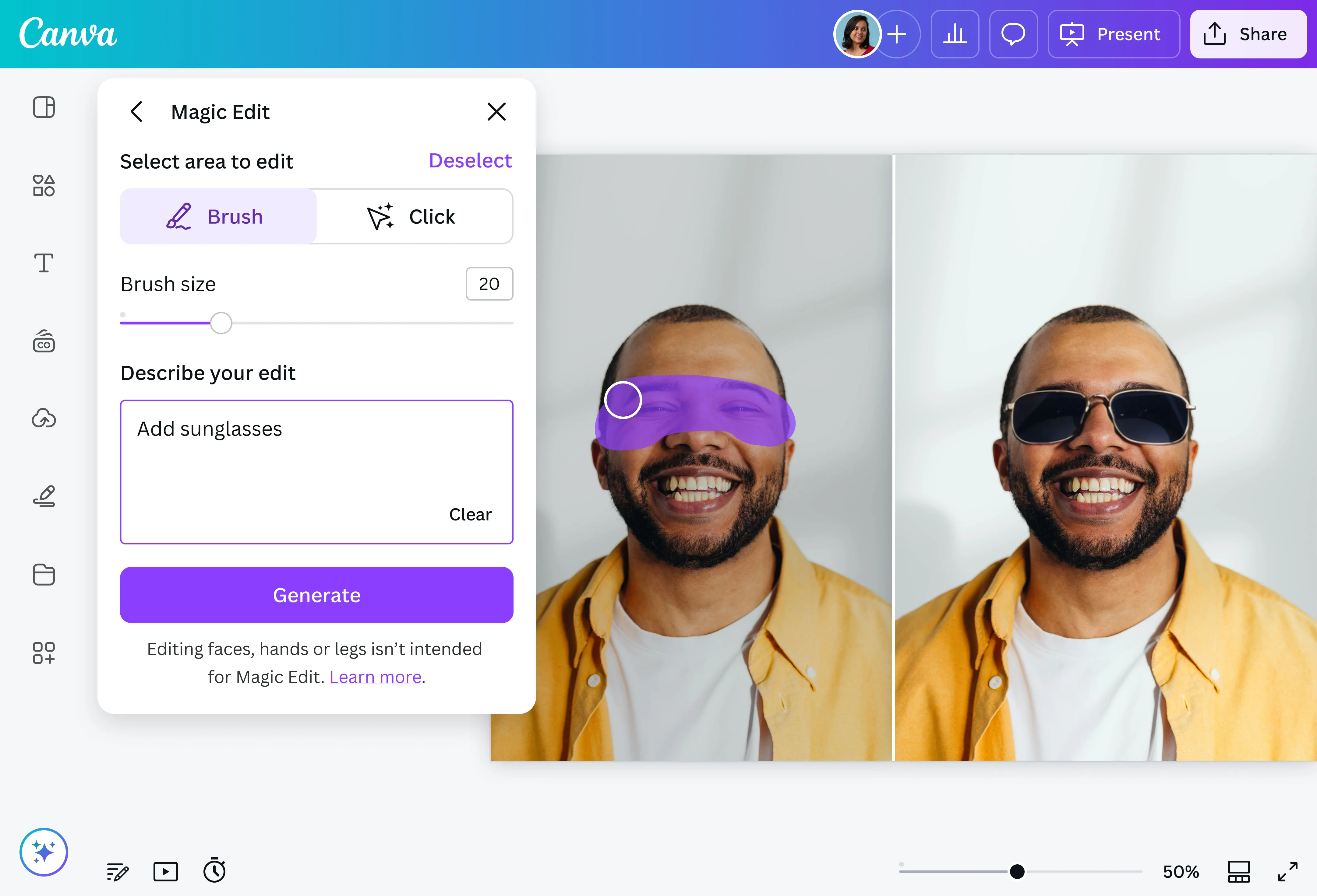 Interface of Canva - a user-friendly face photo editor