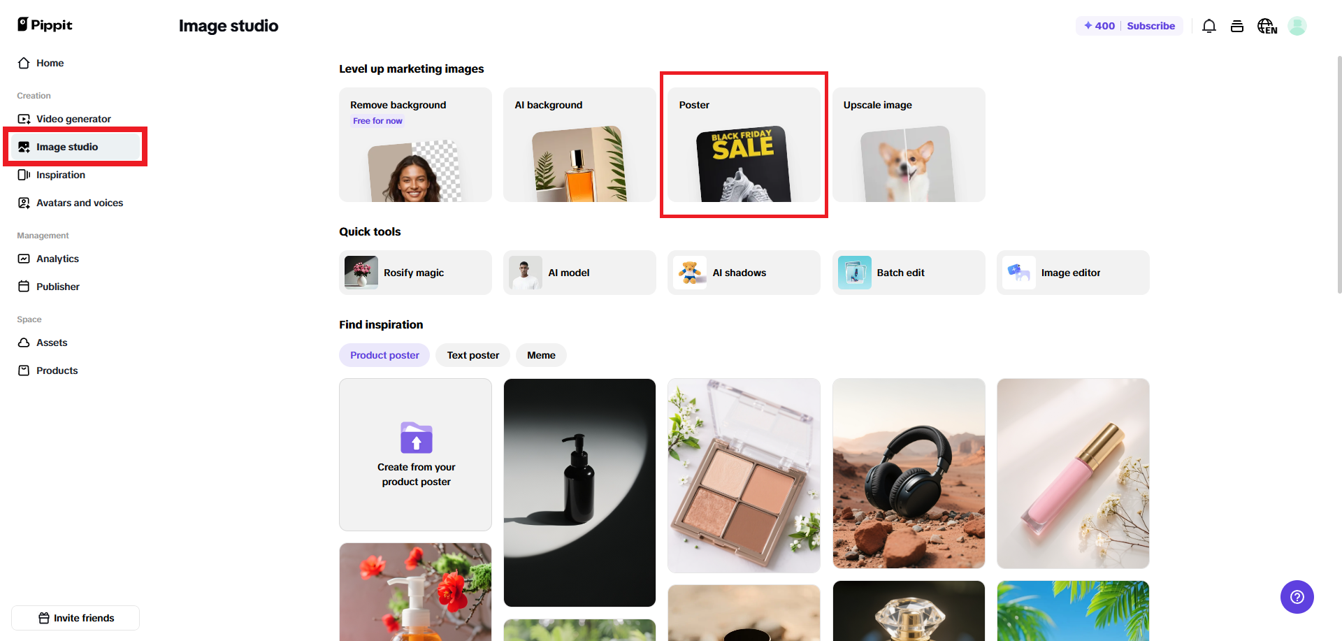 Select the poster creation feature for your product