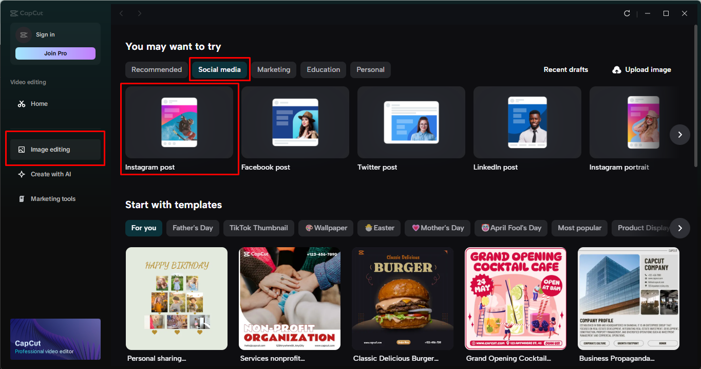 Choosing an Instagram Post Template in CapCut desktop video editor
