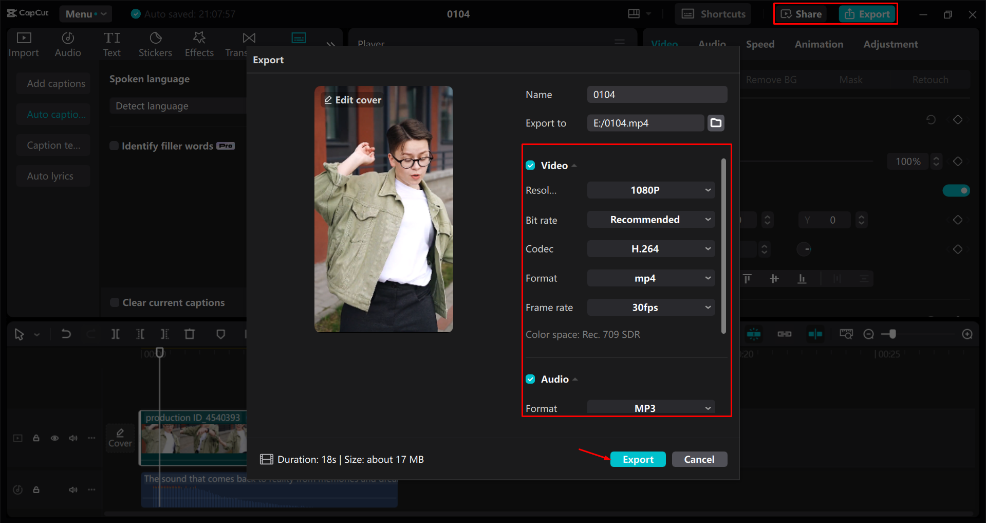 ALT Text: Esportazione di un video dall' CapCut editor video desktop