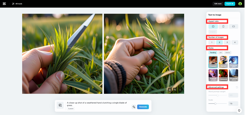 واجهة CapCut Image Generator مع موجه وأنماط ونسبة عرض إلى ارتفاع لفرن