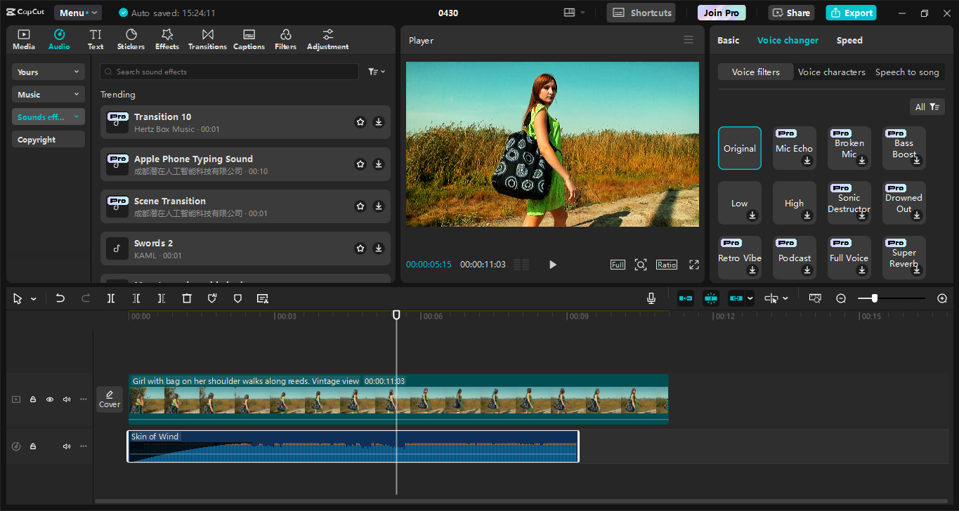 Interface de edição do editor de vídeo de desktop CapCut - a melhor ferramenta para editar e aprimorar áudio em vídeos