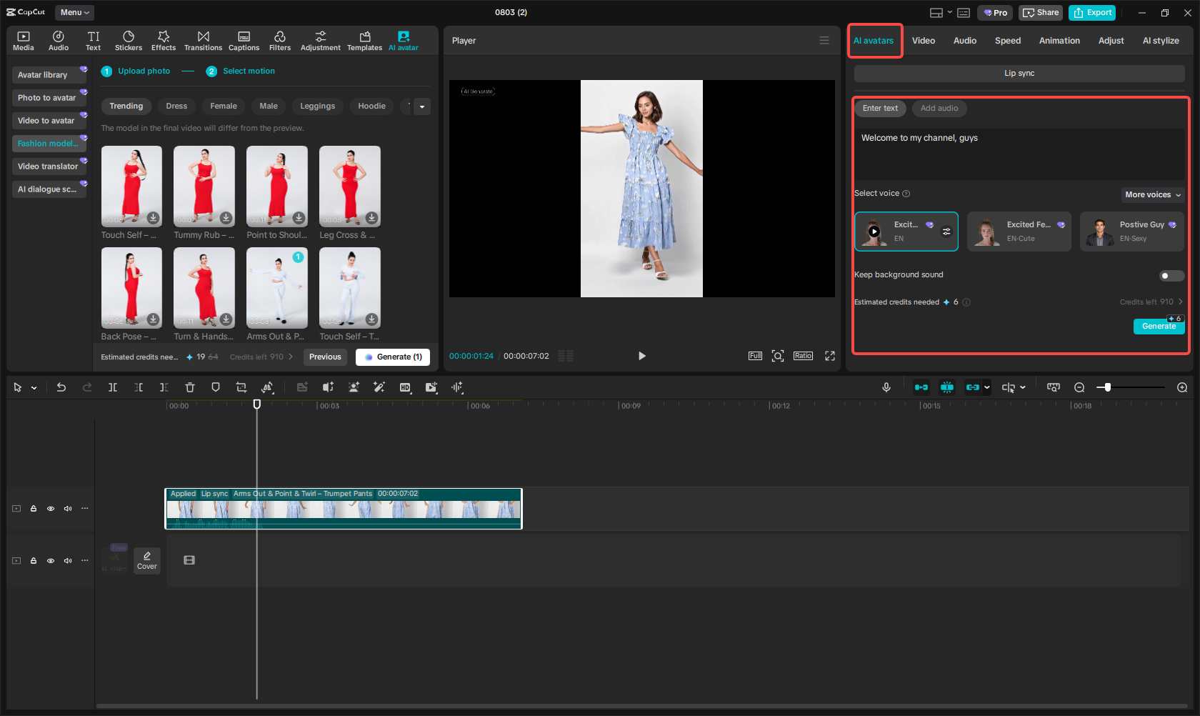 Creating the avatar video in CapCut