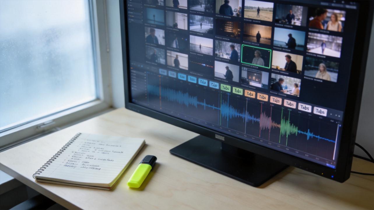 Video editing screen with tagged clip thumbnails and an audio waveform on a monitor beside a notebook and highlighter