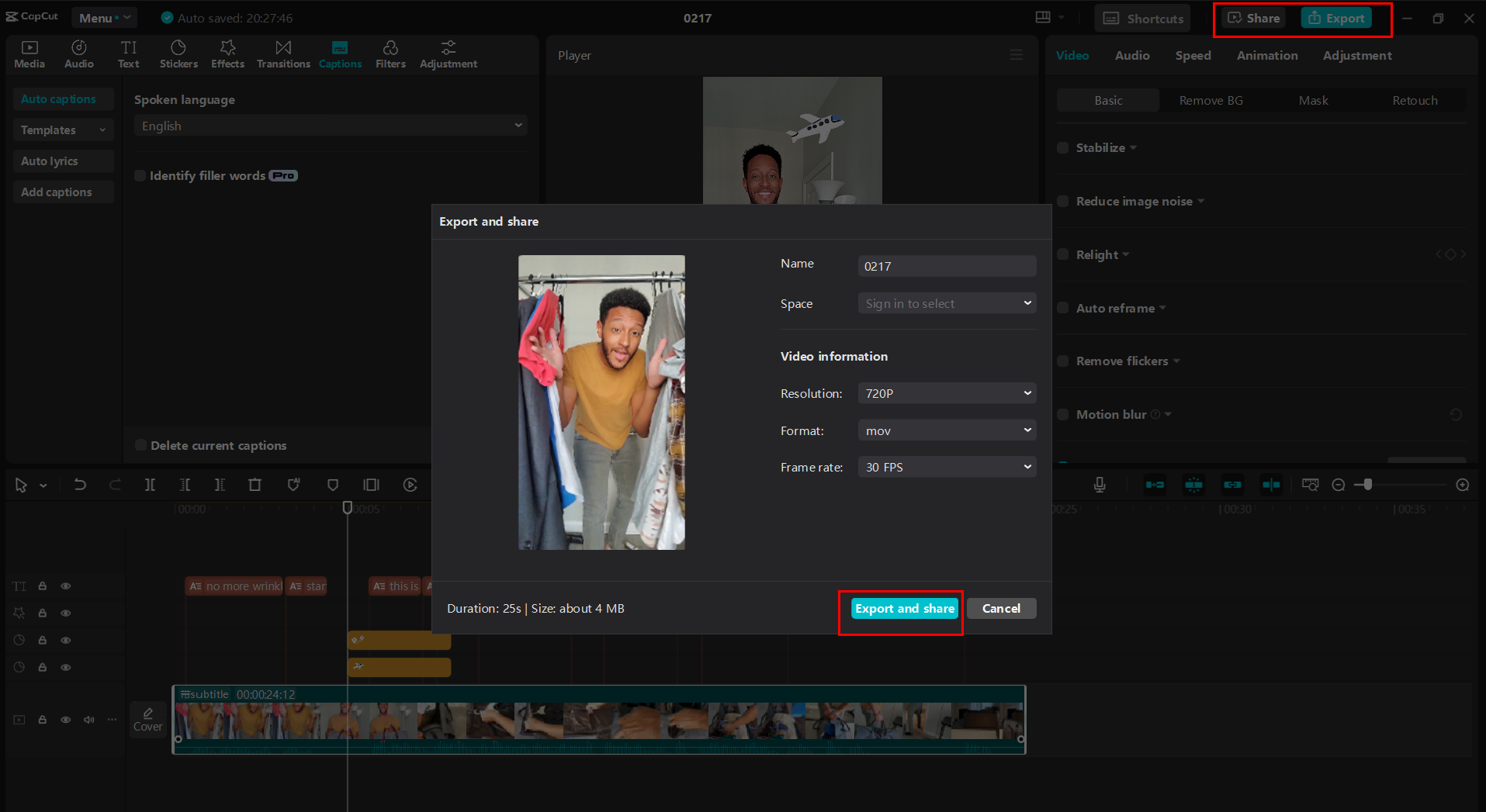 Exportieren oder Freigeben des Videos aus CapCut Desktop-Video-Editor