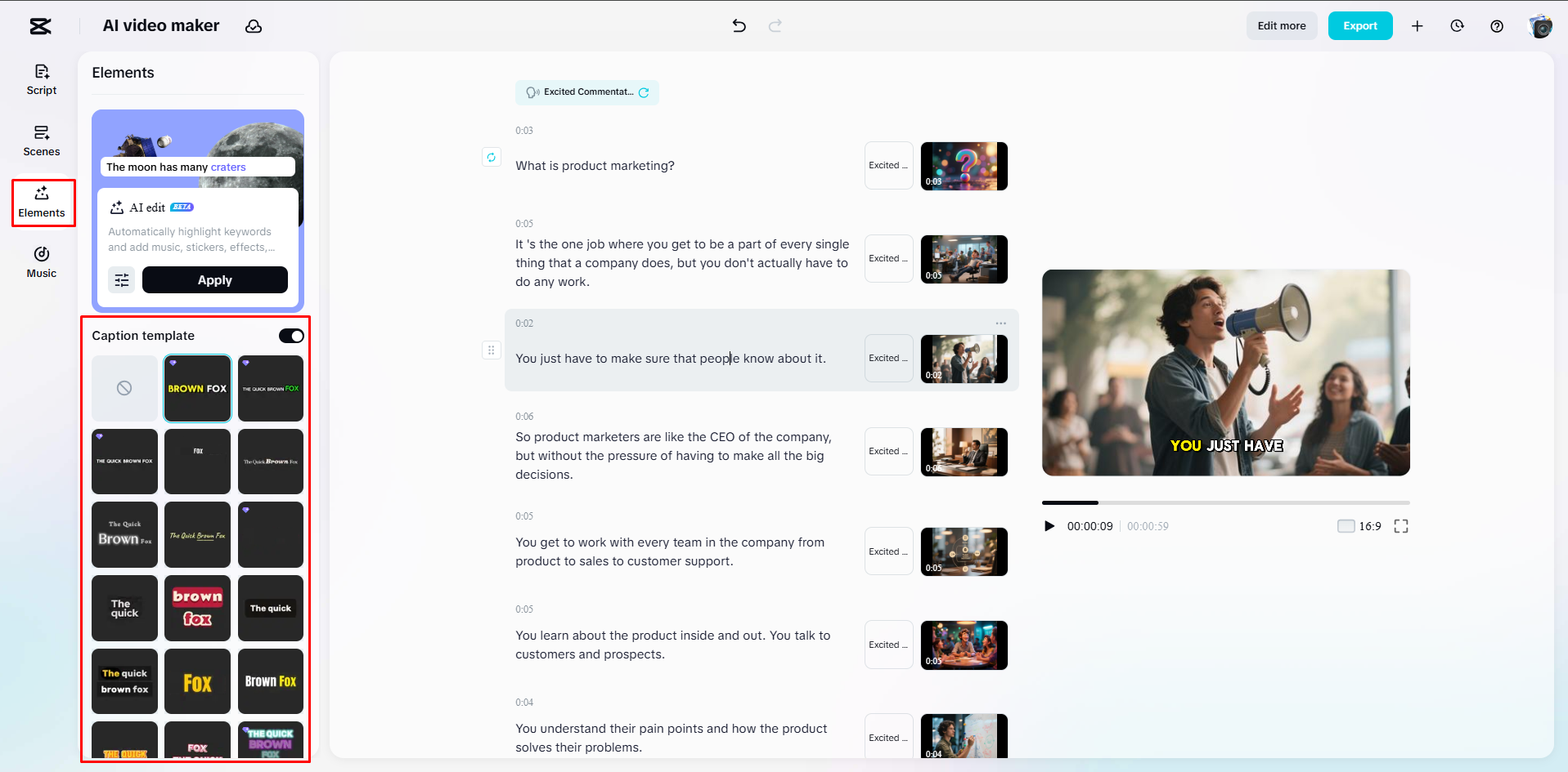Memilih template keterangan yang sesuai untuk video di CapCut Web