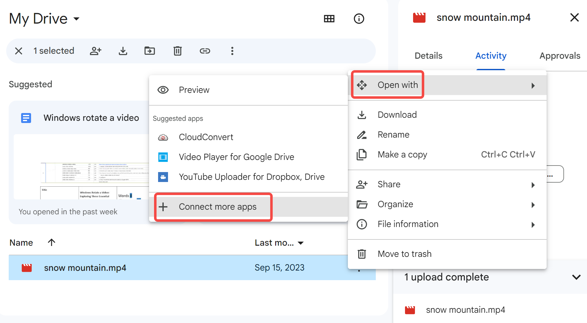 Click on "Open with" and then choose the option to "Connect more apps."