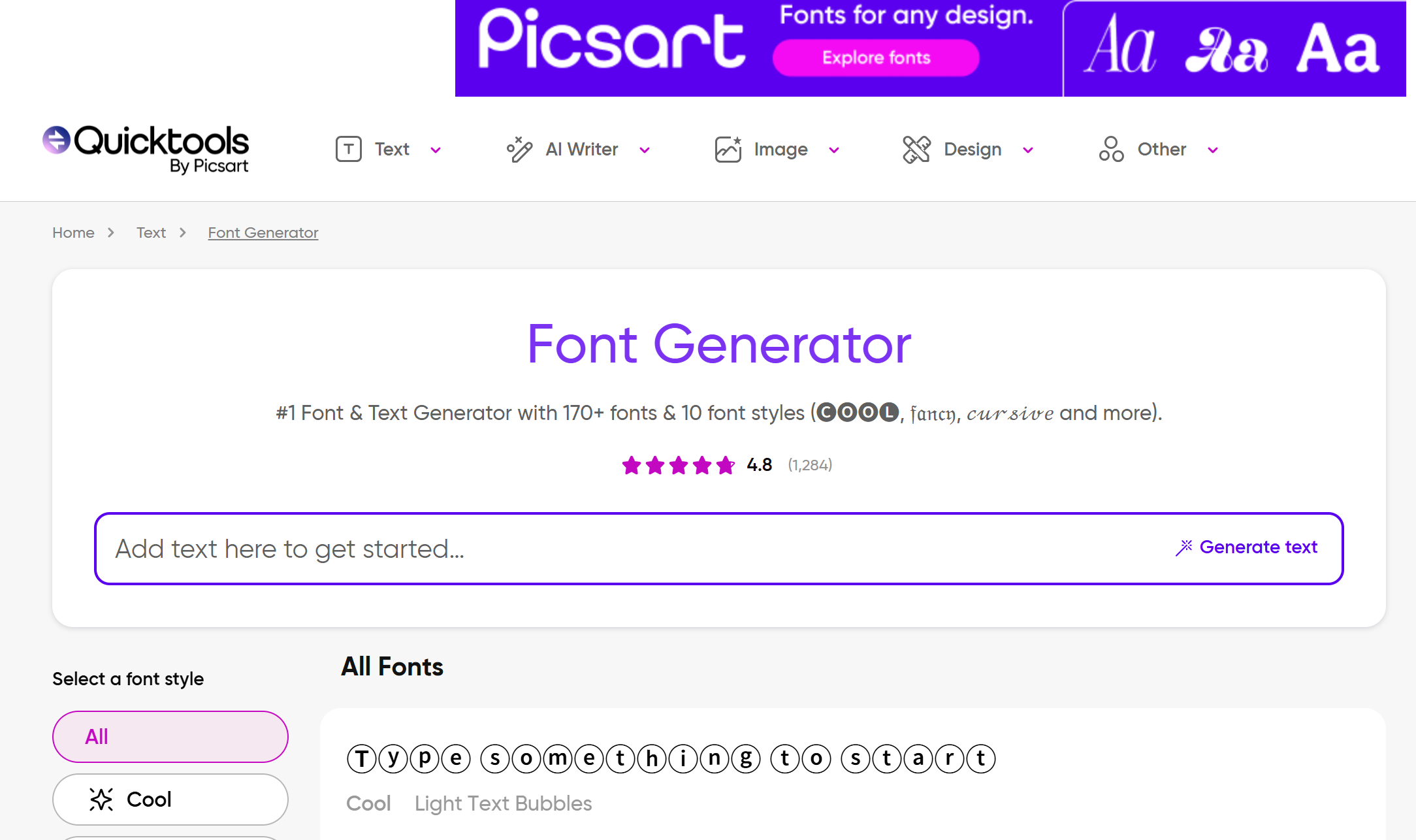Interfaz de Picsart: el generador de texto de IA perfecto
