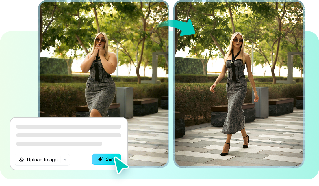 A before-and-after portrait shows changes to a woman's pose and outfit beside a prompt panel