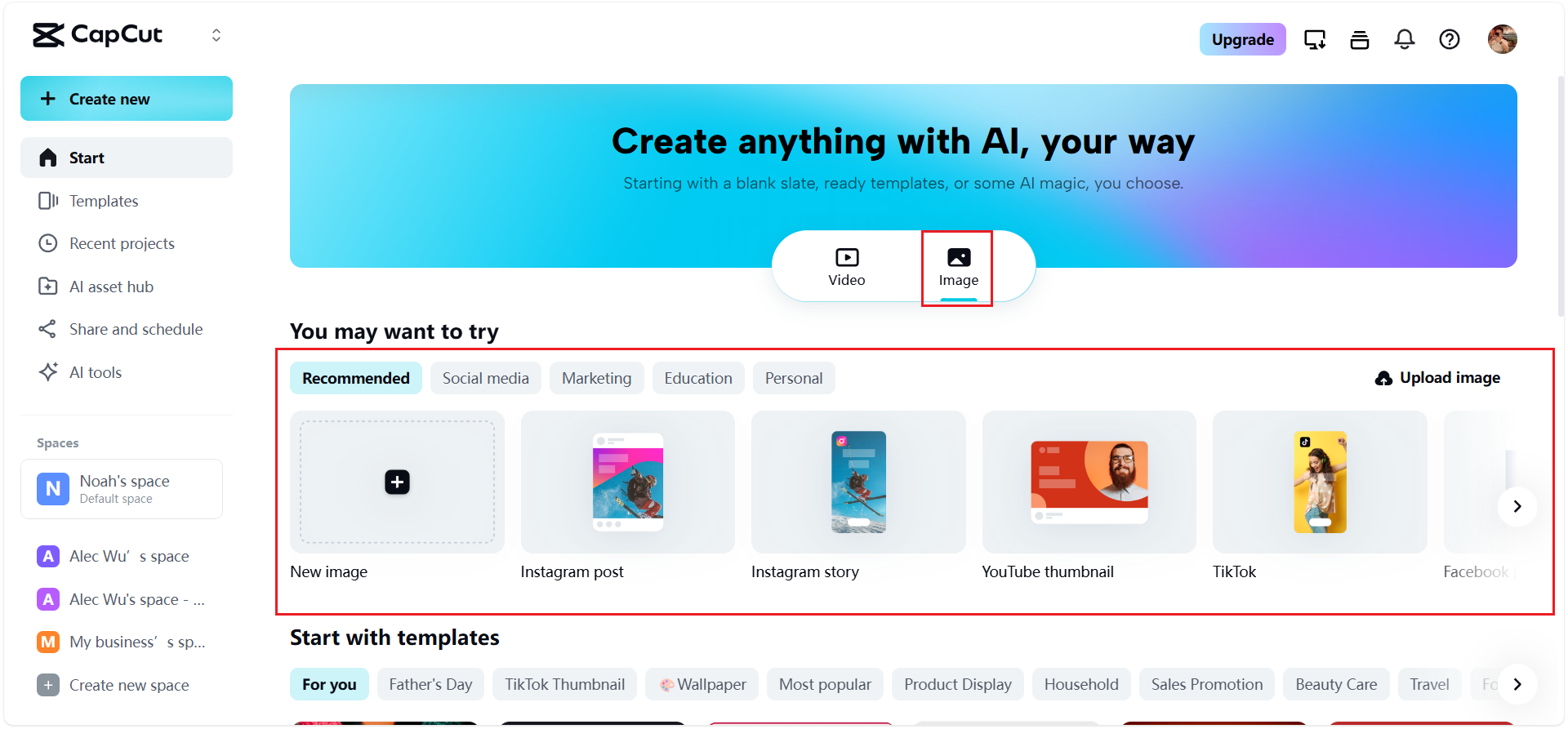 Logging into CapCut and directing to Image editor