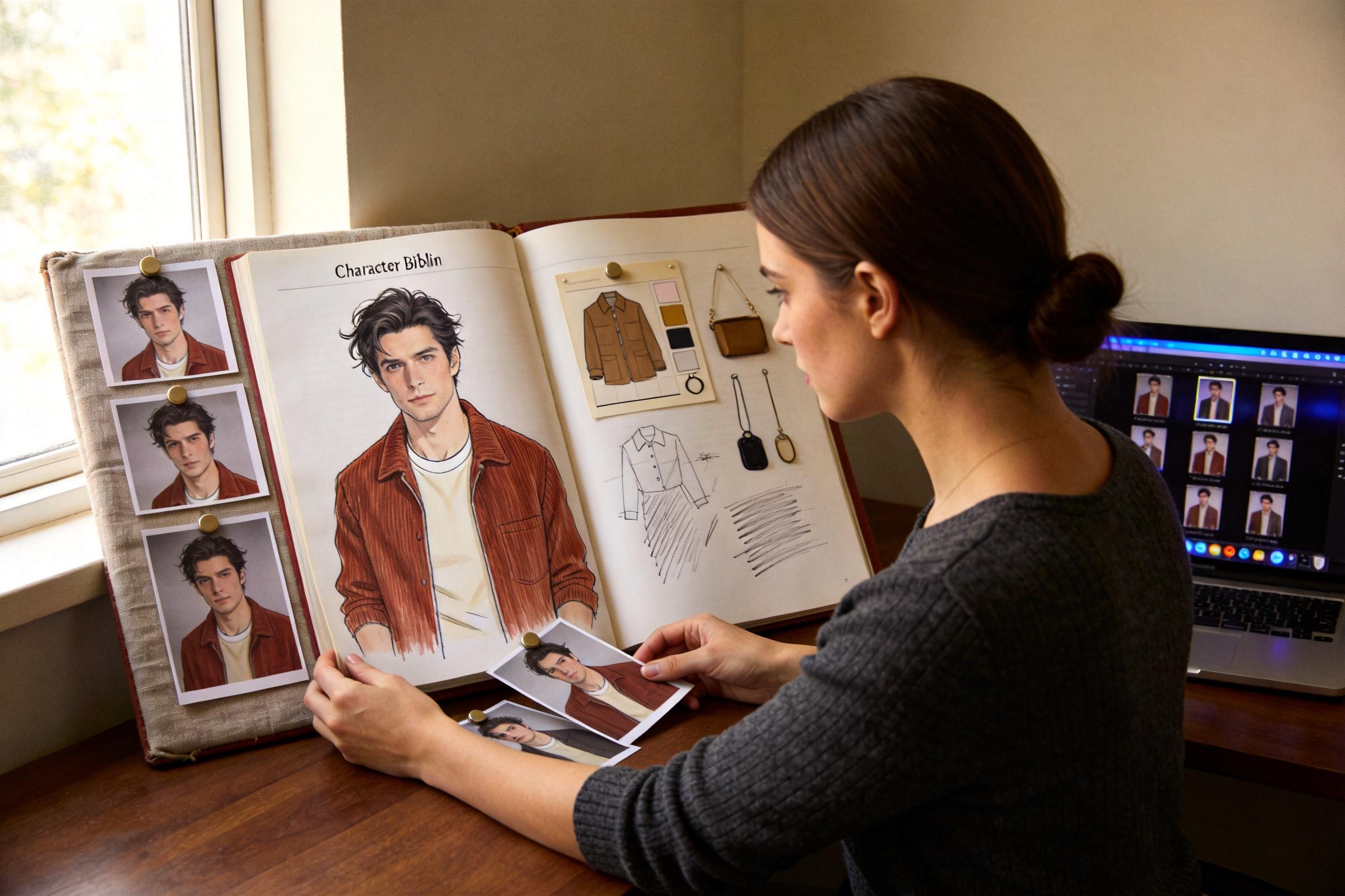 Woman compares character reference photos and costume sketches beside a laptop