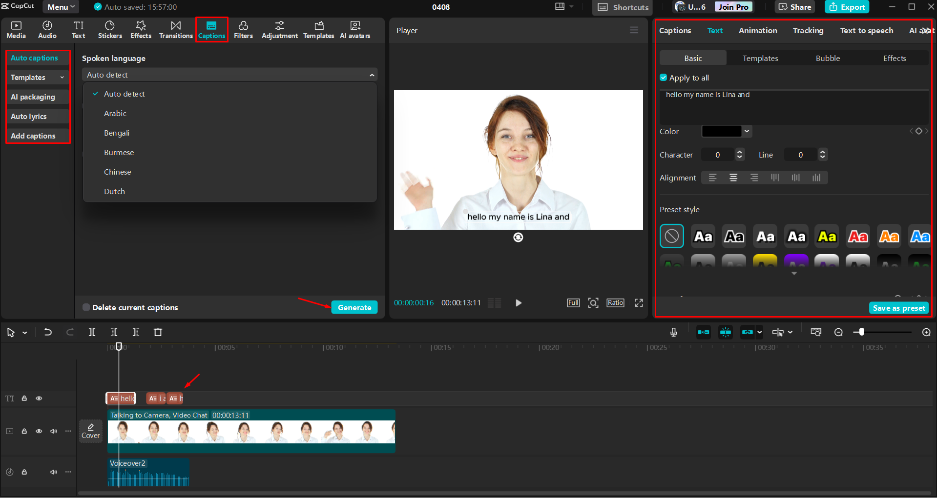 Convertendo áudio em texto no editor de vídeo para desktop CapCut