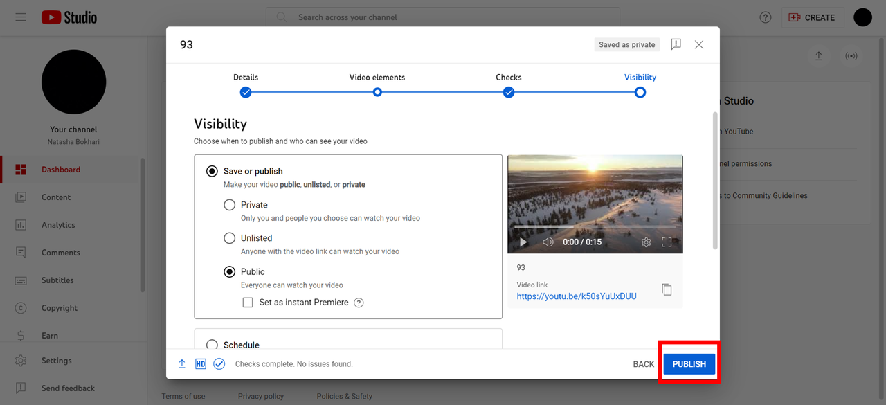Select Visibility for your video