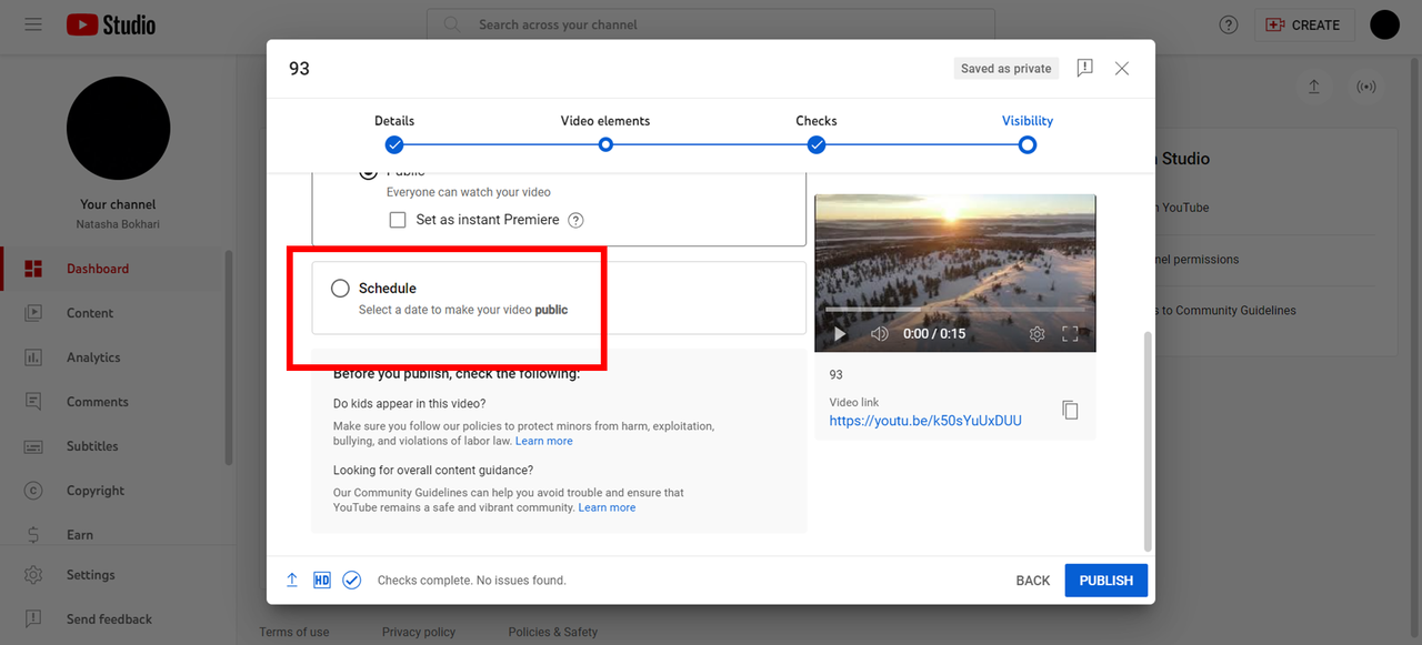 Click Publish to finalize the upload