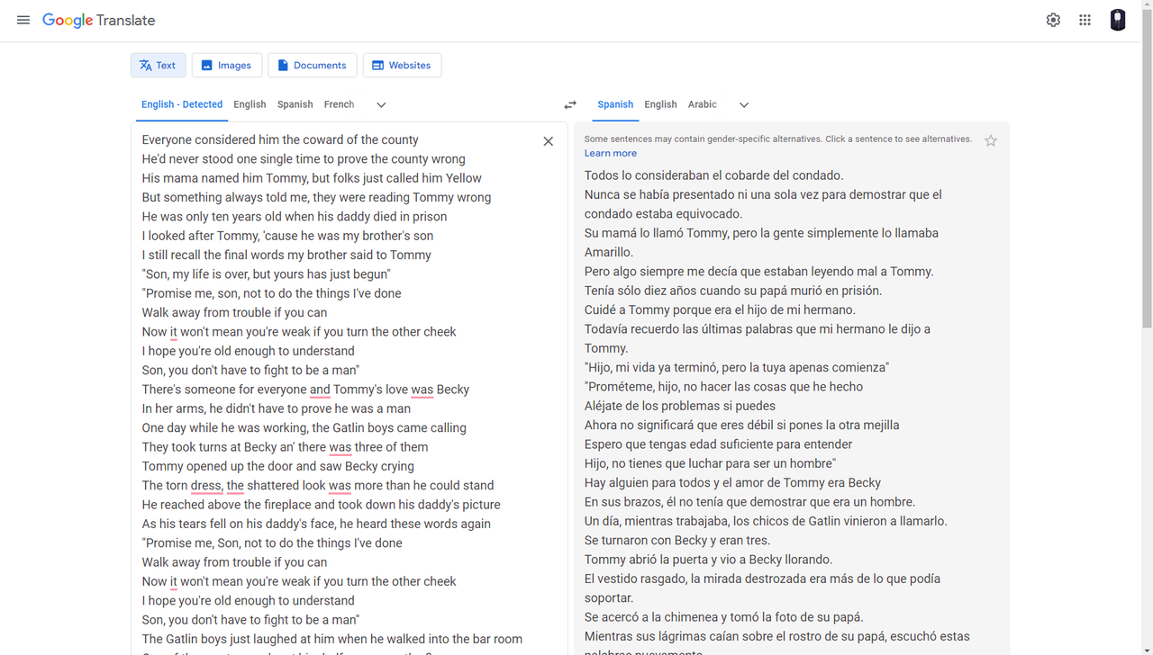 Google Translate lyrics