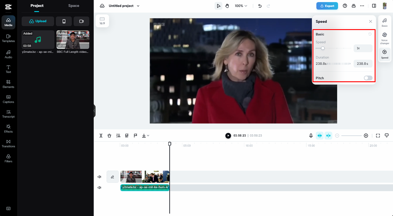 Change speed and pitch after you add soundtrack to video online