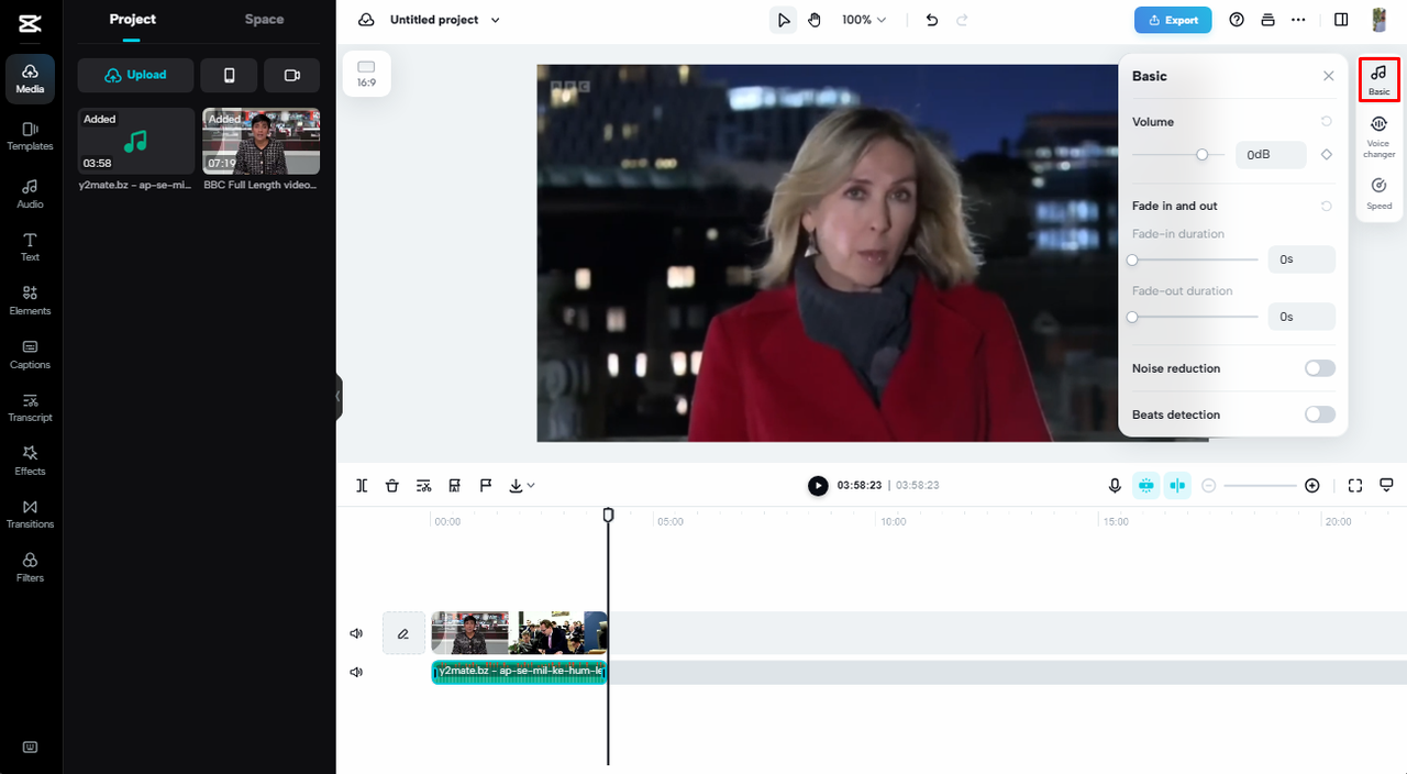 Apply fade in/out effects after inserting audio to video online