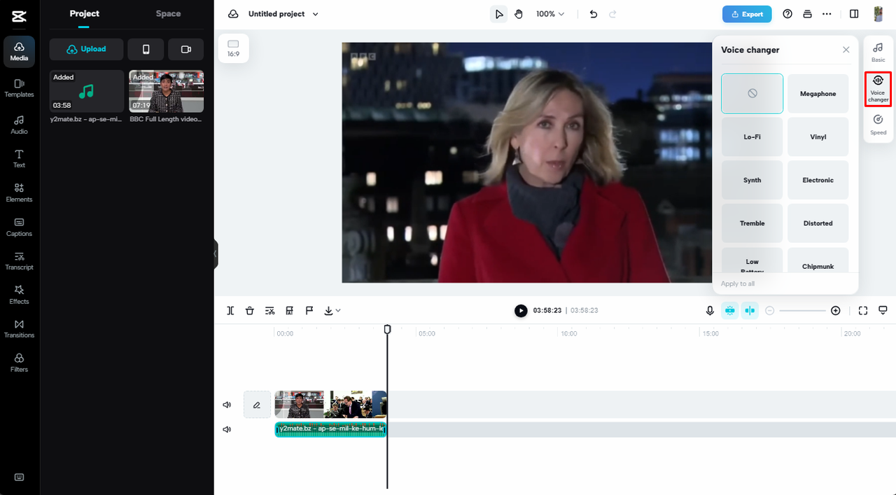 Use the smart voice changing feature once you add sound to a video online