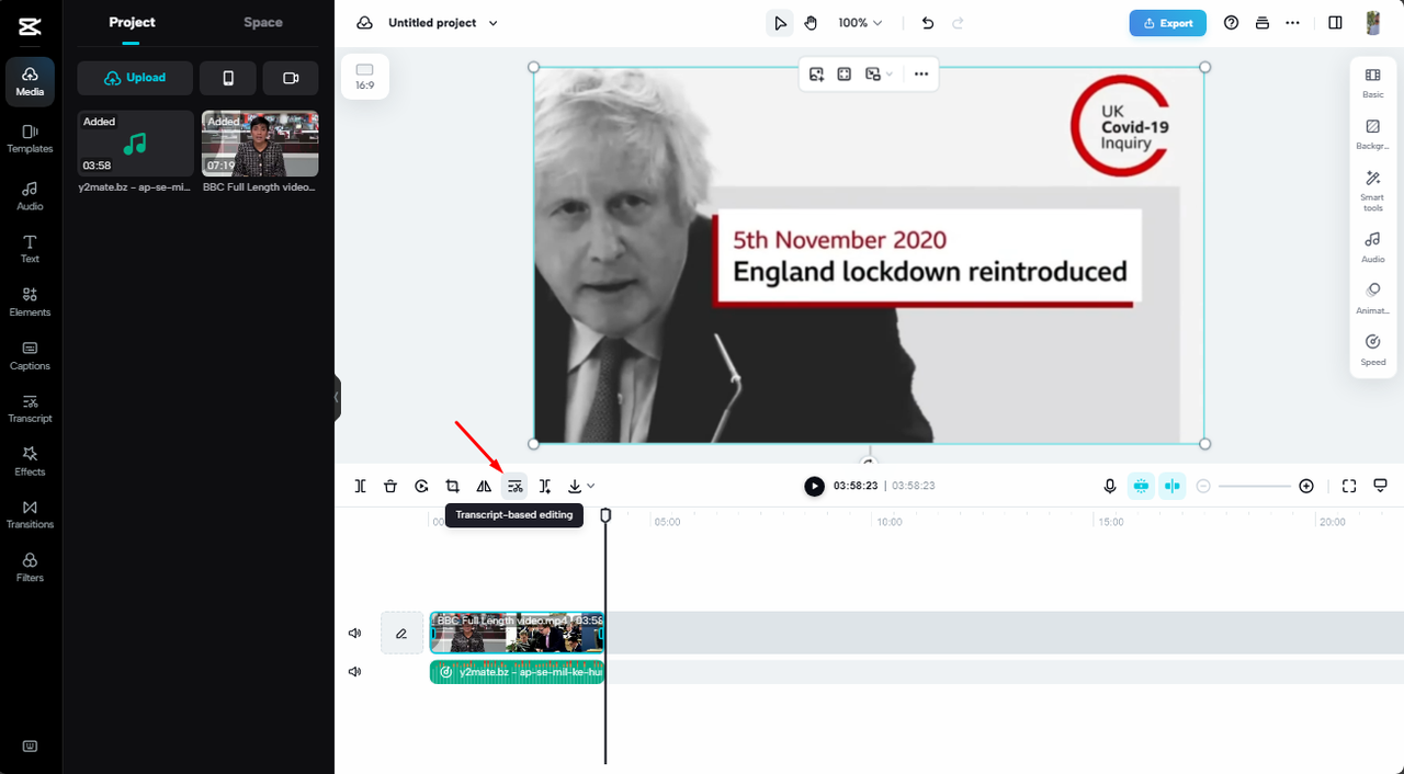 Access transcript-based editing after inserting audio to video online