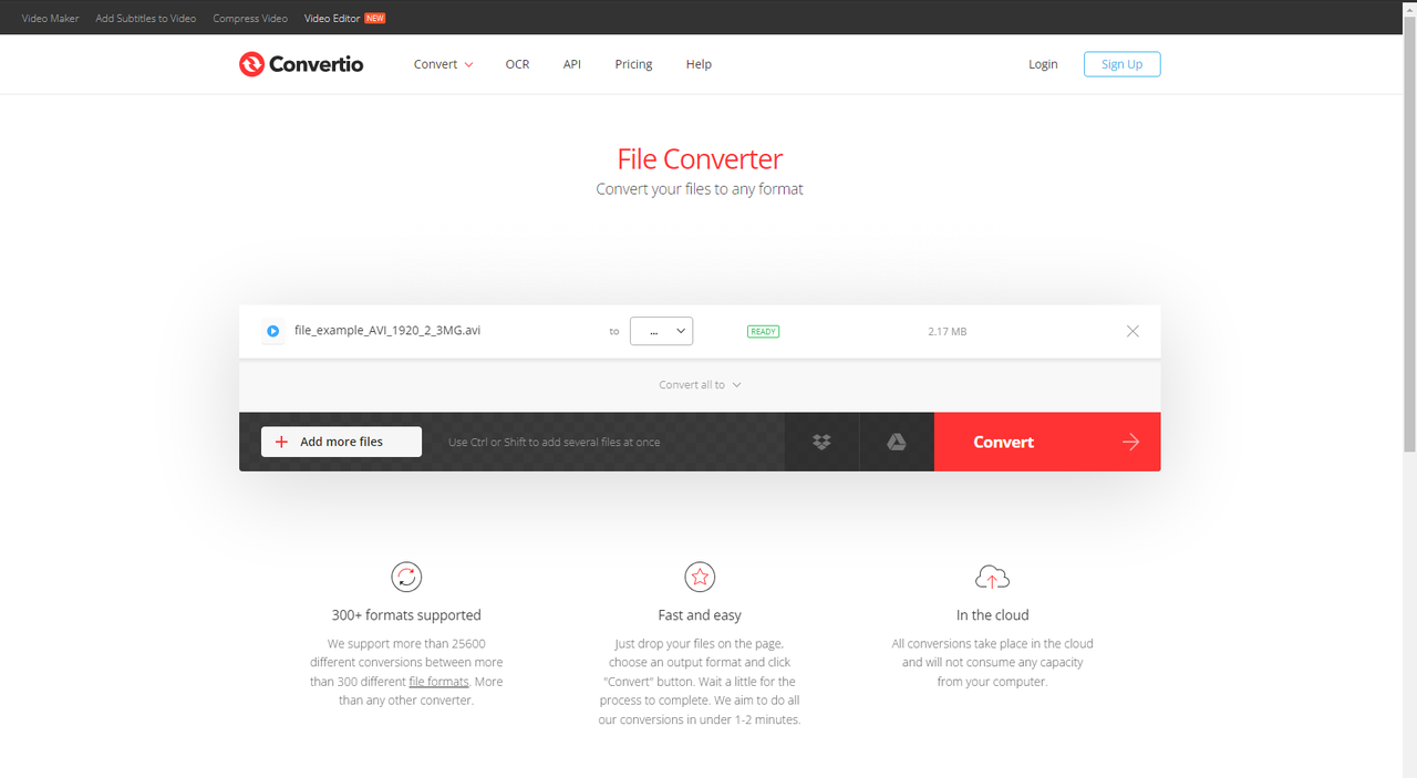 Convertio AVI to MP4 conversion interface
