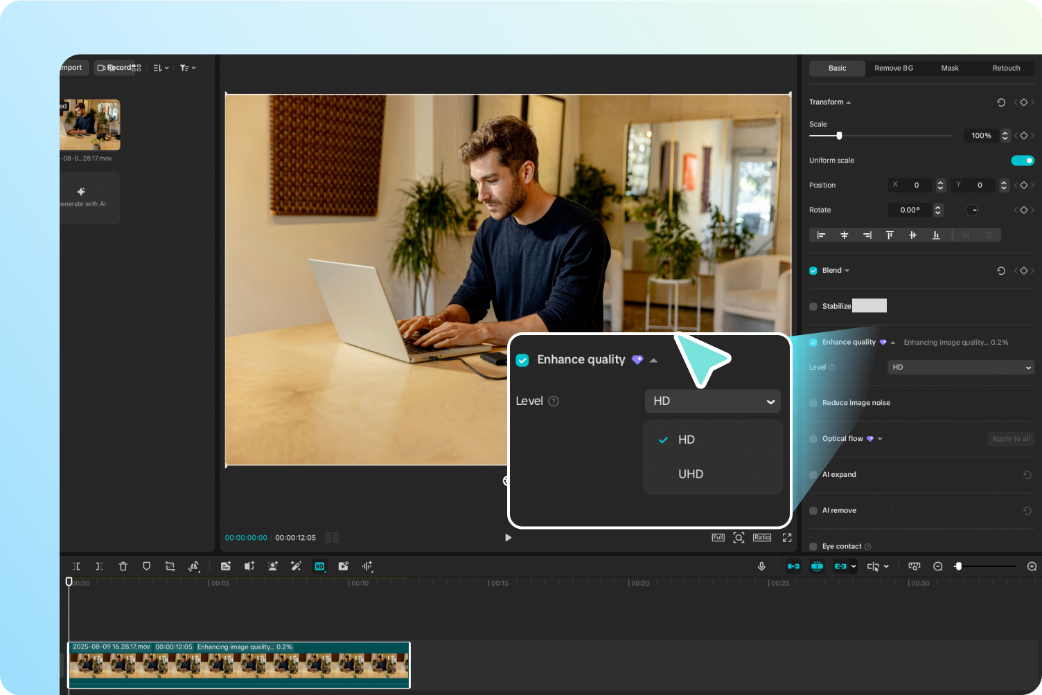 Enhancing video using CapCut's AI video enhancer