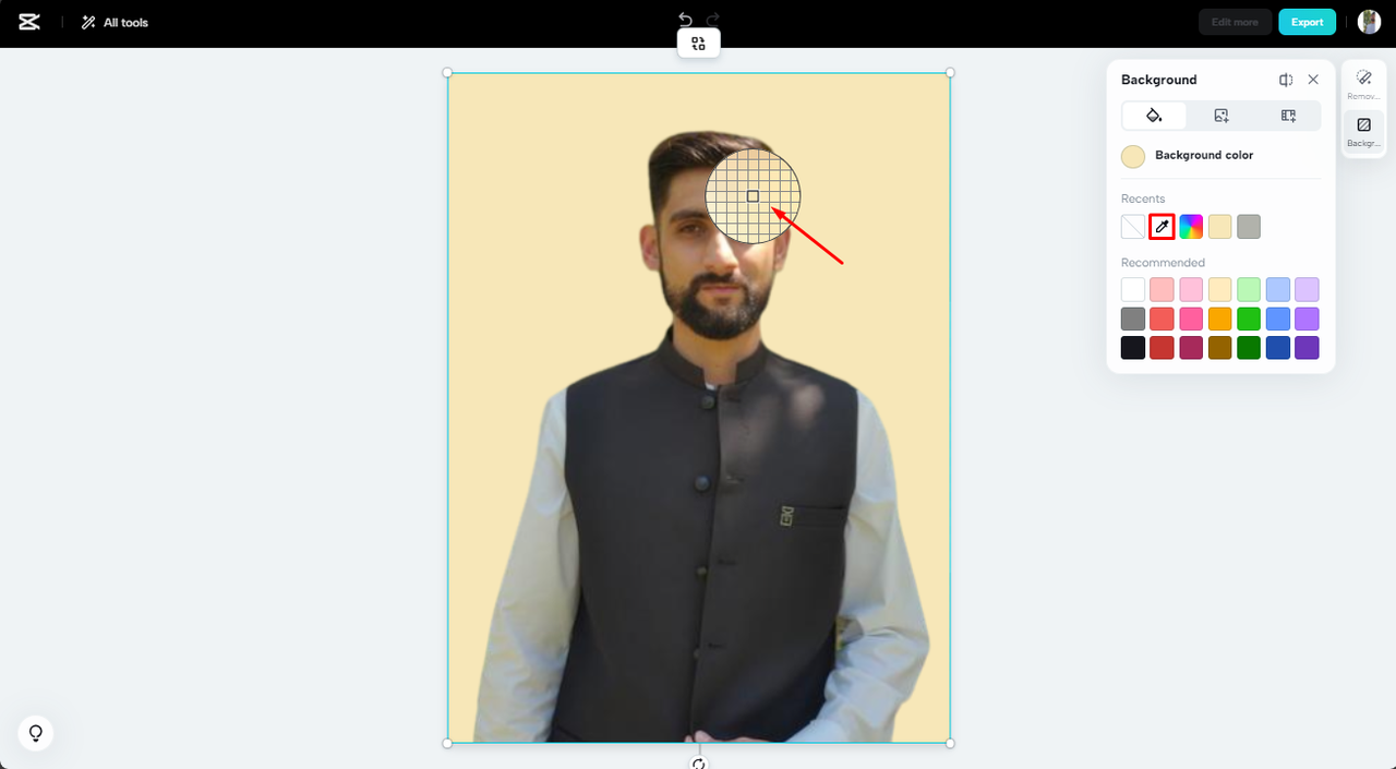 Use the color picker tool from the AI passport size photo maker