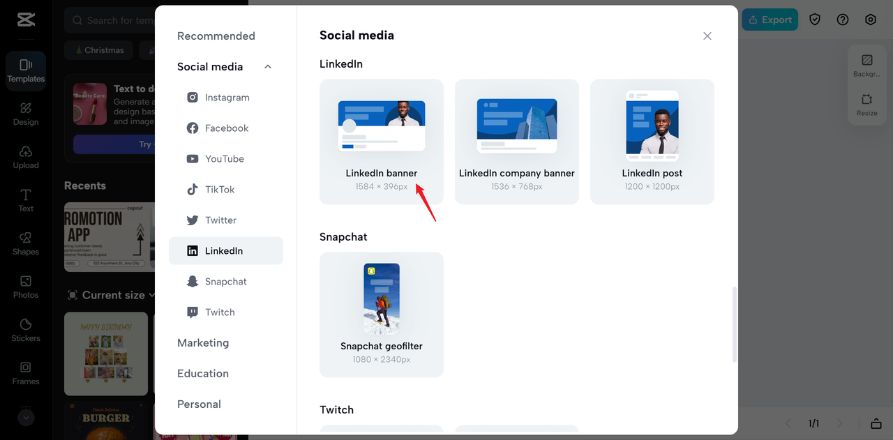 select "LinkedIn" from the recommended presets