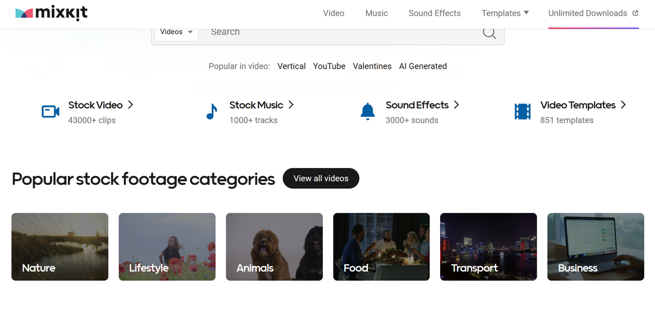 Mixkit free videos for commercial use interface