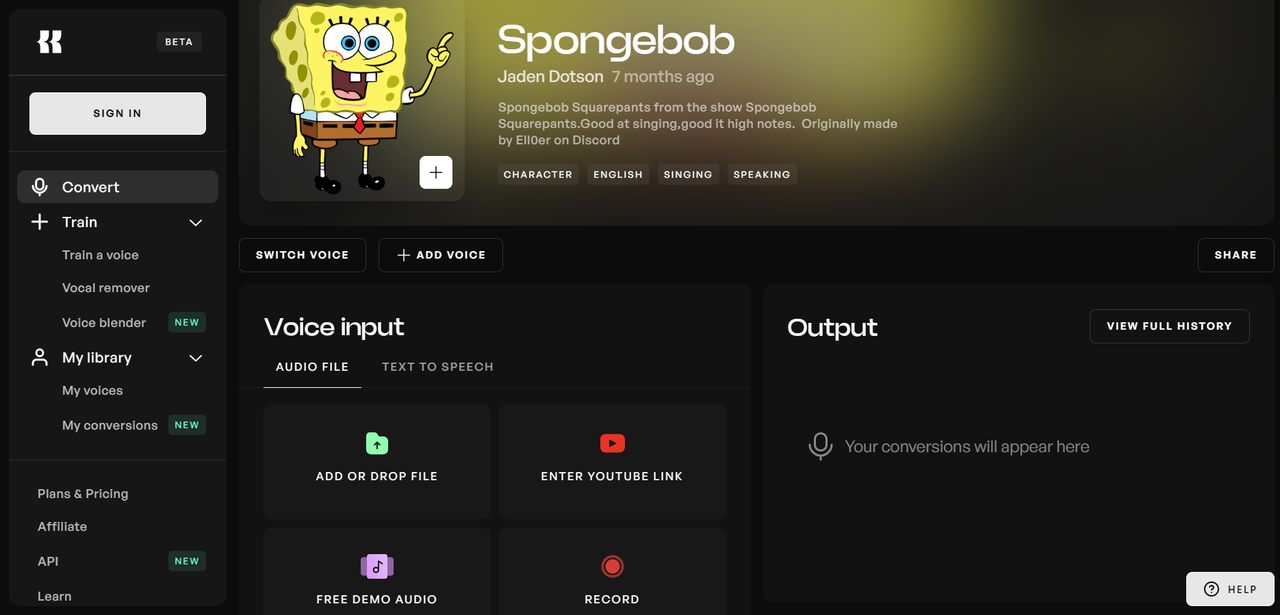 Kits AI SpongeBob AI voice generator interface