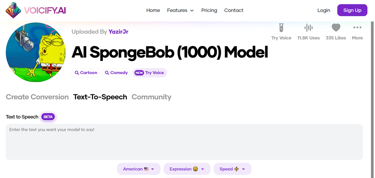 Voicify.AI SpongeBob AI voice generator interface