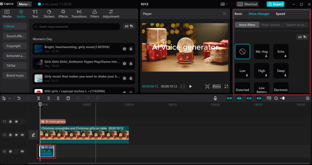 Audio editing features on the CapCut desktop AI voice generator celebrity tool