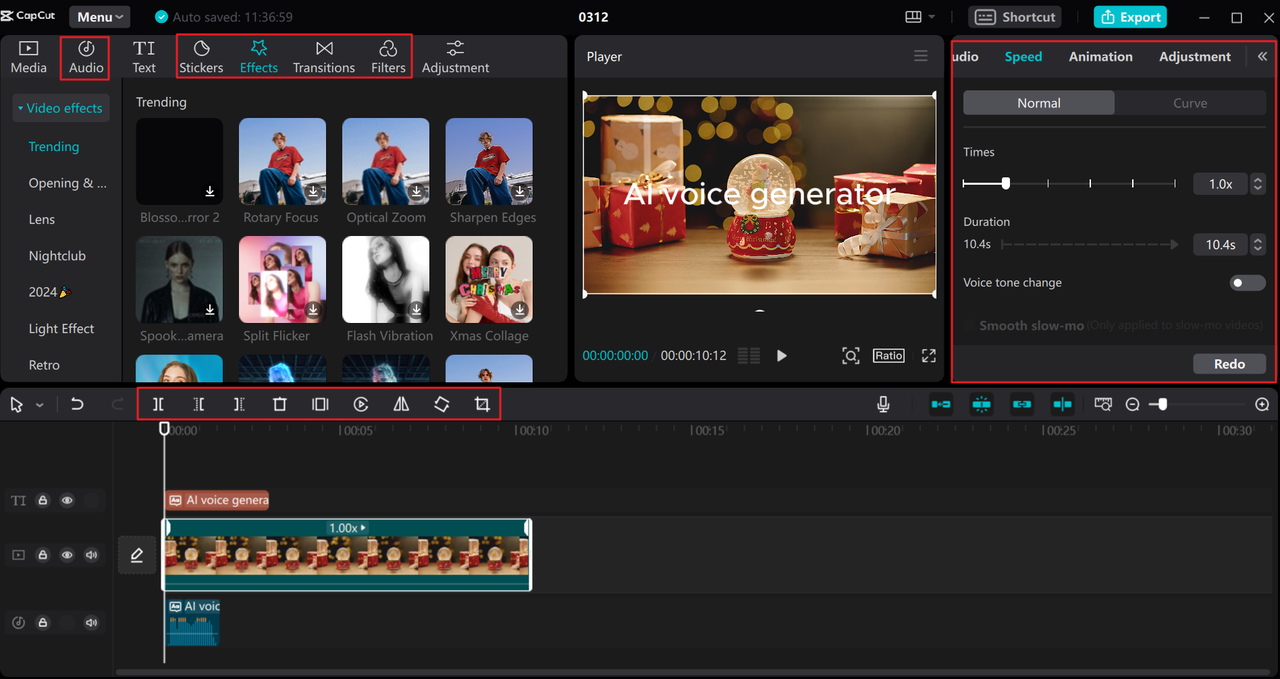 Video editing tools on the CapCut desktop AI voice generator celebrity tool