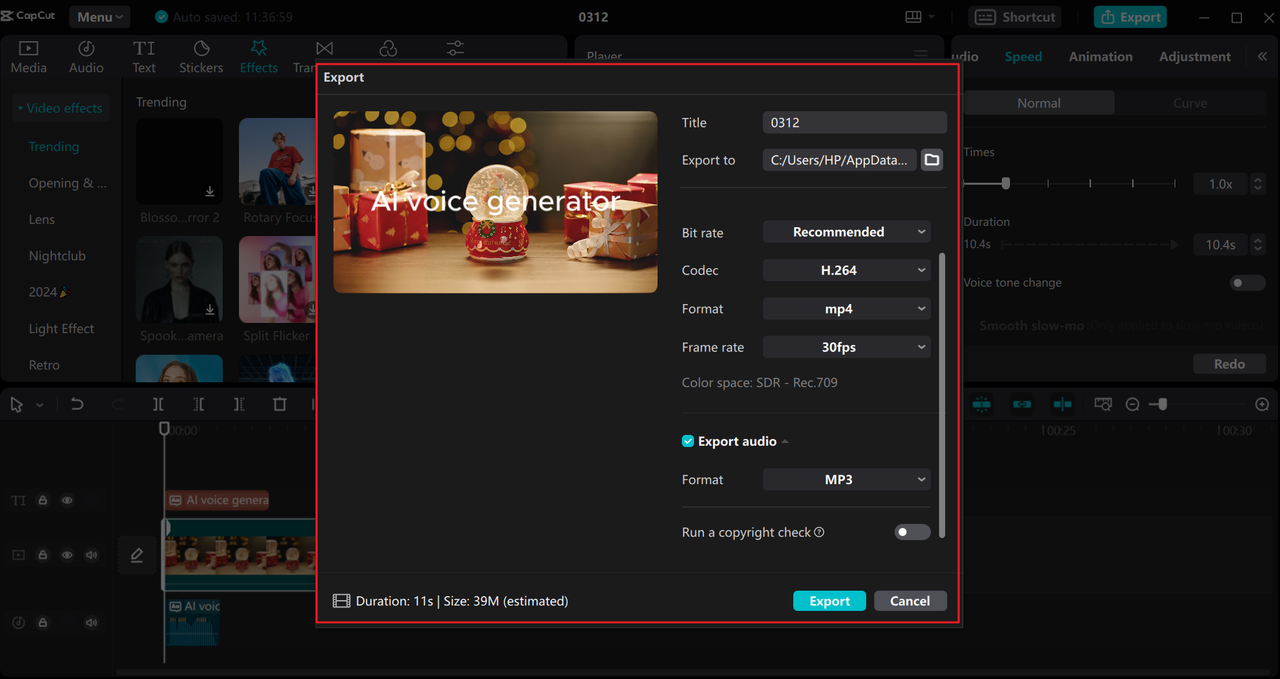 Export video from the CapCut desktop AI voice generator celebrity tool