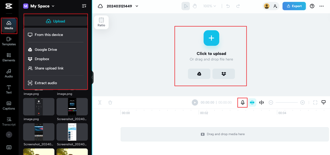 Upload video to CapCut online AI voice generator celebrity tool