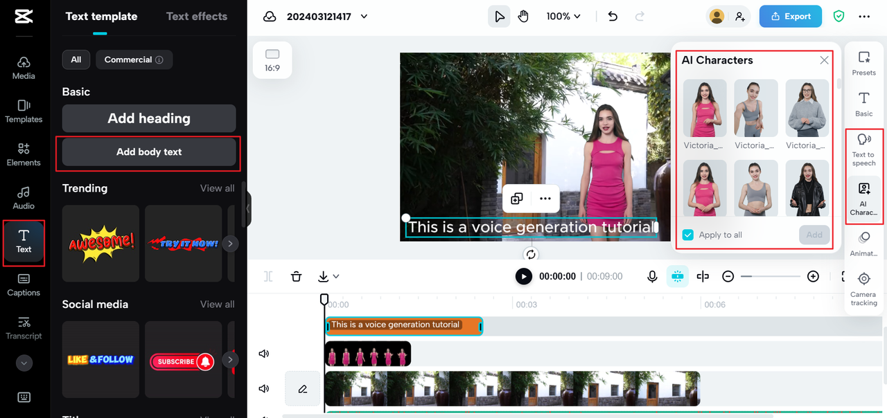 Audio and video editing on the CapCut online AI voice generator celebrity tool