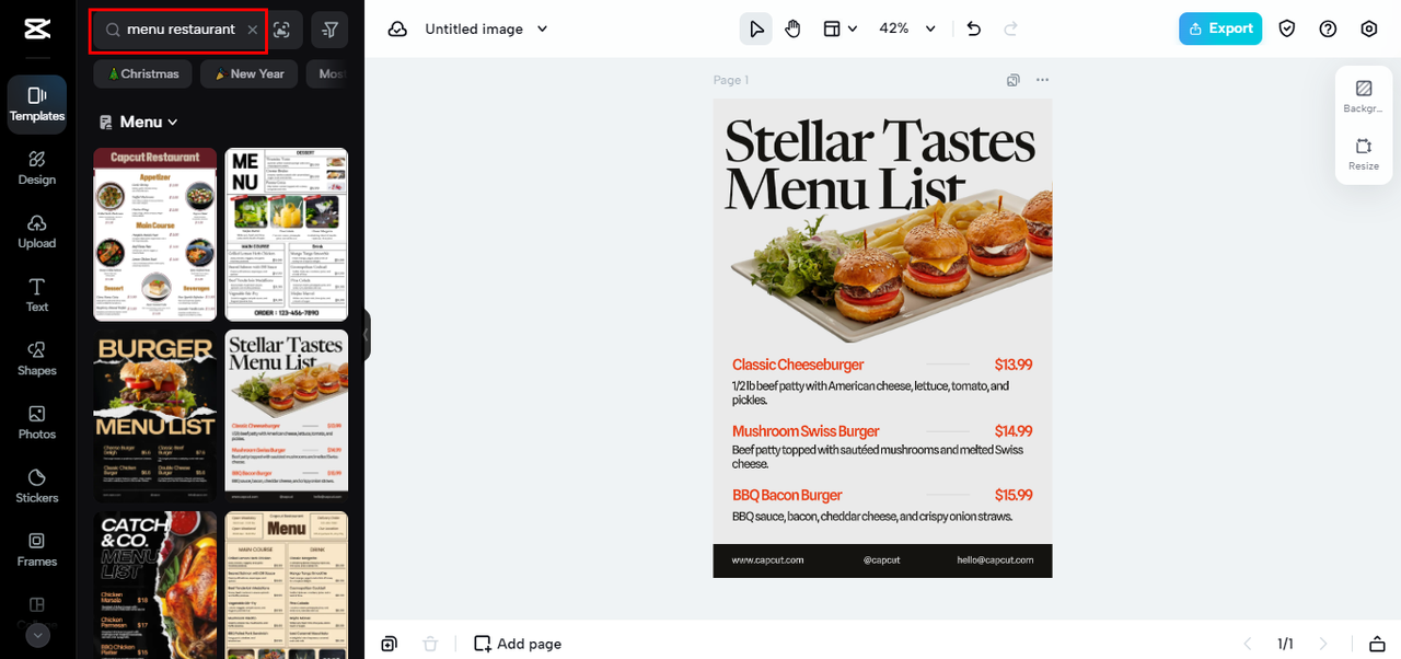 search menu template