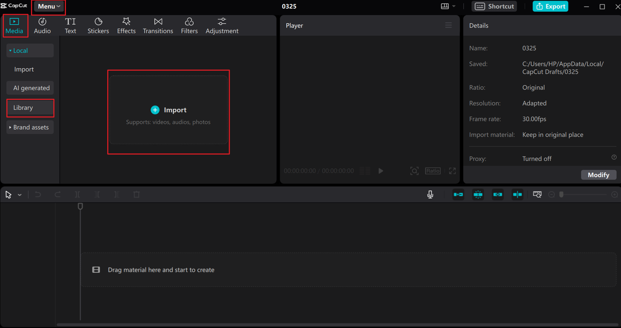 Upload video to the CapCut desktop editor to contrast CapCut vs Premiere Pro