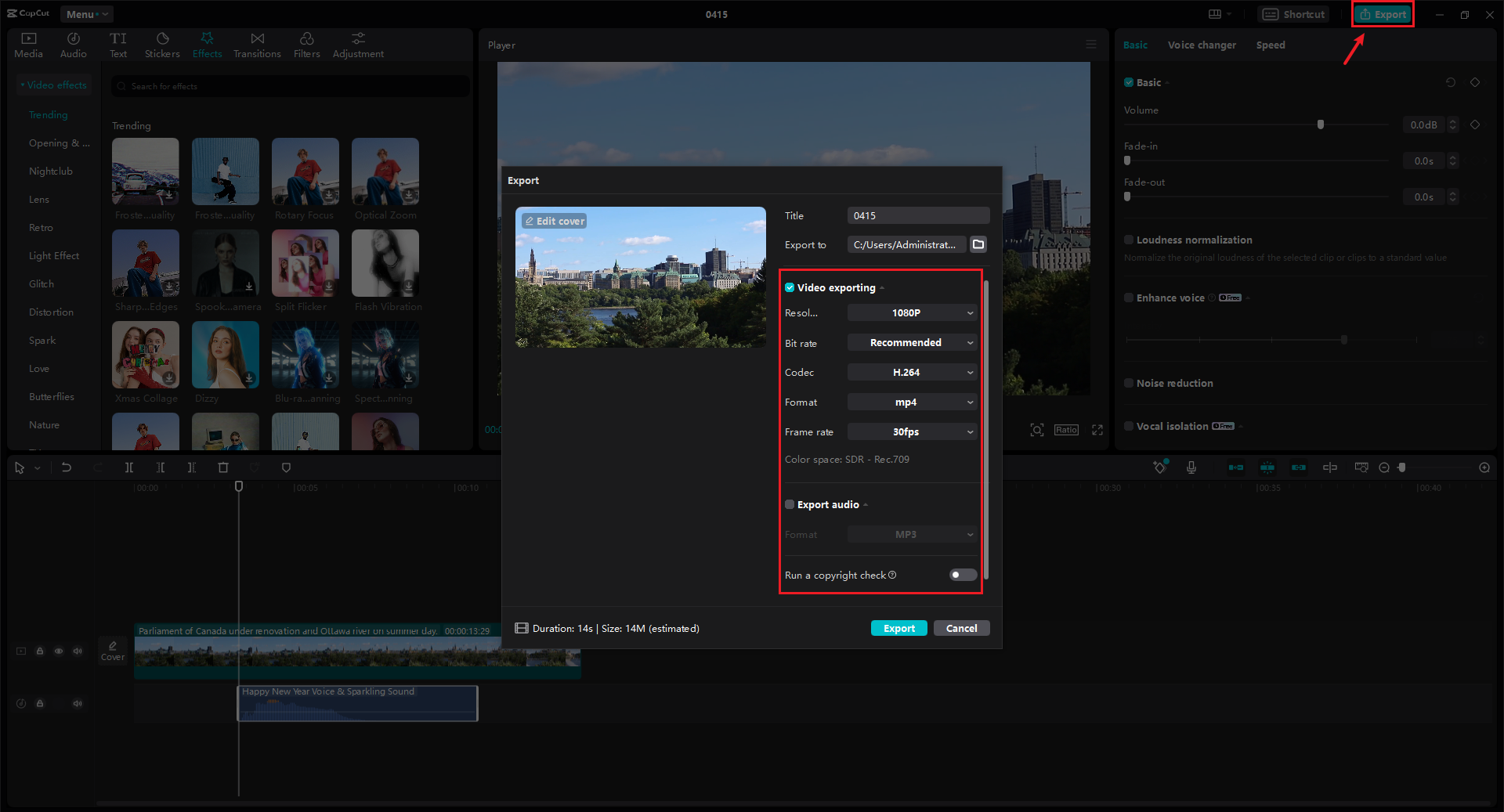 Export settings